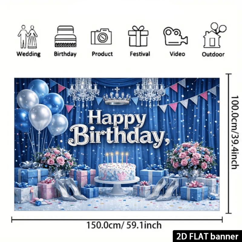 2D Plane, 1 Piece of Dark Blue Silver Birthday Backdrop Fabric, with a Dark Blue Gradient Starry Sky Background
