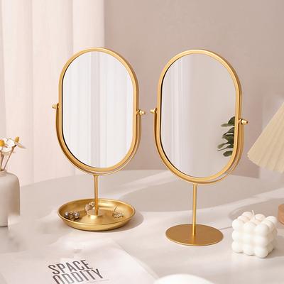 New Desktop Makeup Mirror Household Bedroom Vanity Mirror Iron Frame Oval Cosmetic Mirrors Two Style Flat Base and Storage Base