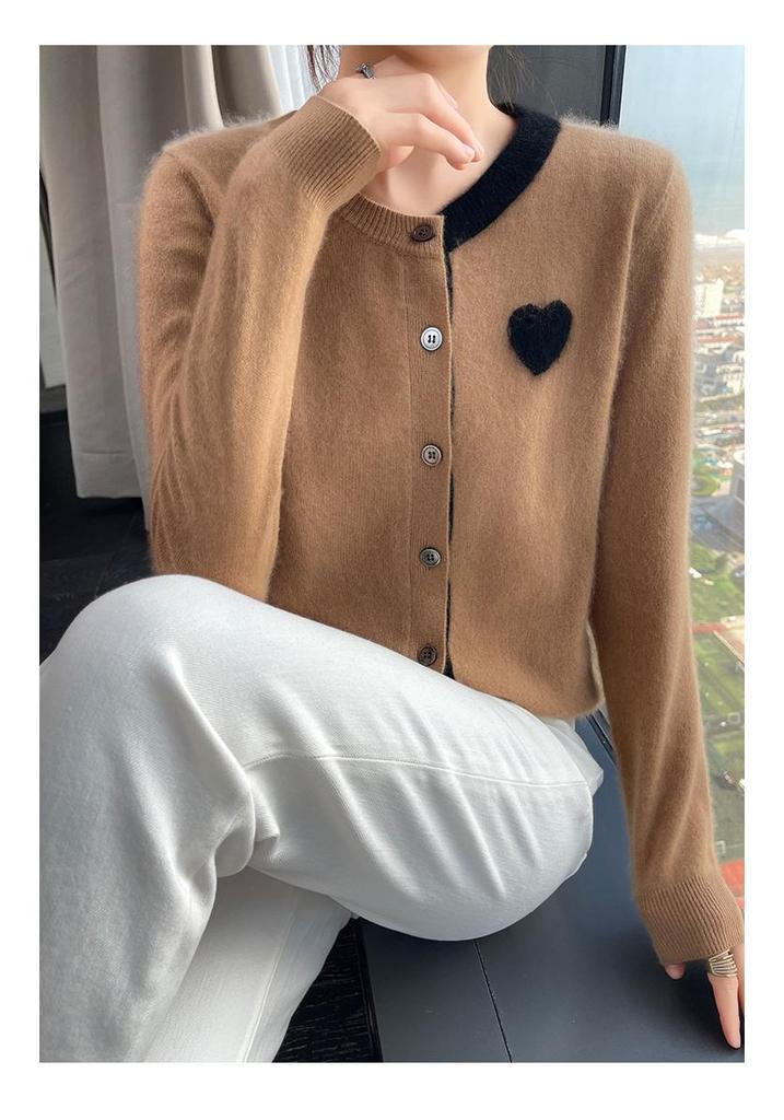 Women's Cashmere Cardigan: Color Block, Round Neck, Sweetheart Embroidery, Loose Fit Sweater.