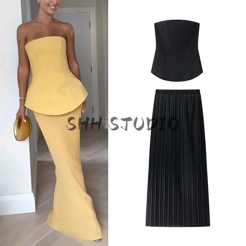 Spring New Women's Clothing Casual Minimalist Waist Trimming Short Tube Top Tops + High Waist Pleated Skirt Two-piece Set