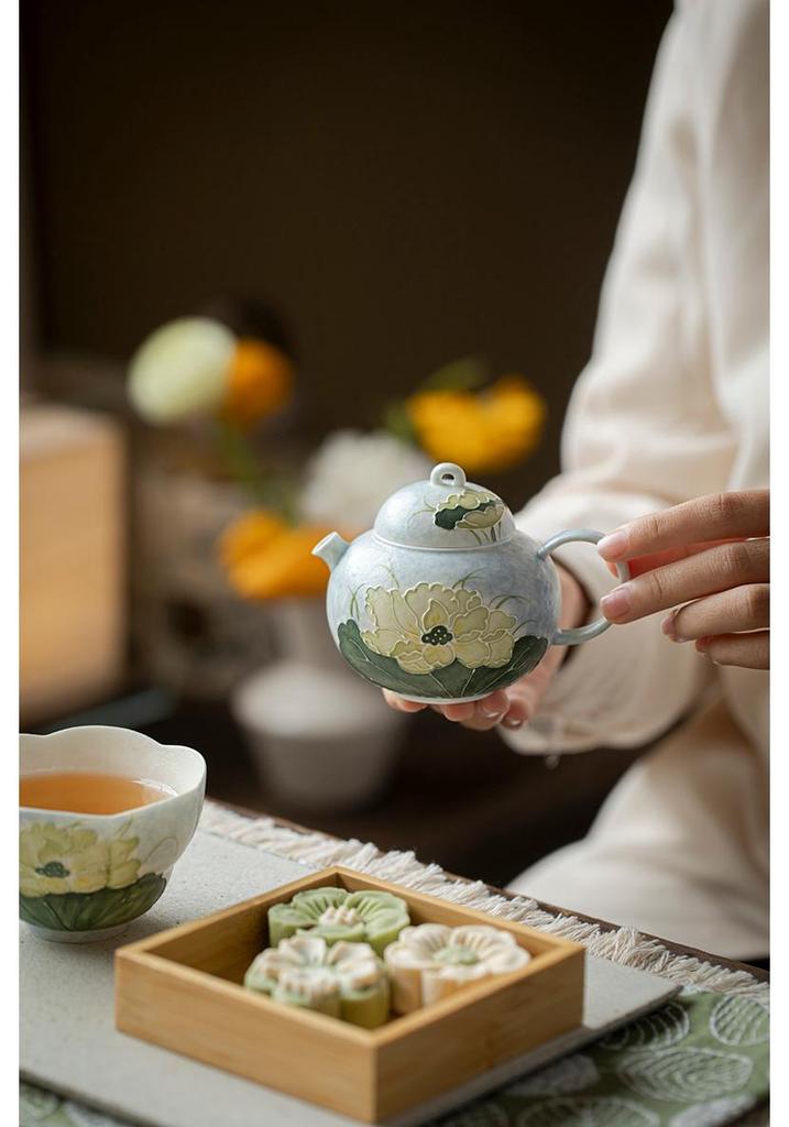 Hand-Painted Lotus Ceramic Teapot with Ball Hole Filter - New Chinese Style for Single Serve Tea Brewing