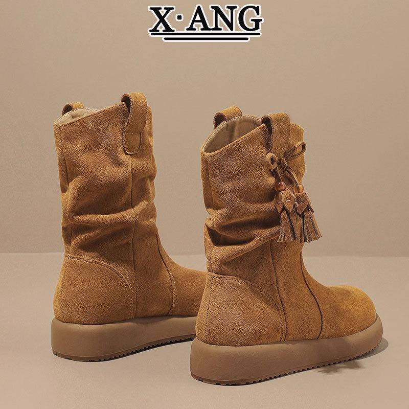 Cowhide Version Brown Boots Women's Medium Boots Pleated Stacking Boots Autumn and Winter New Martin Boots Women's