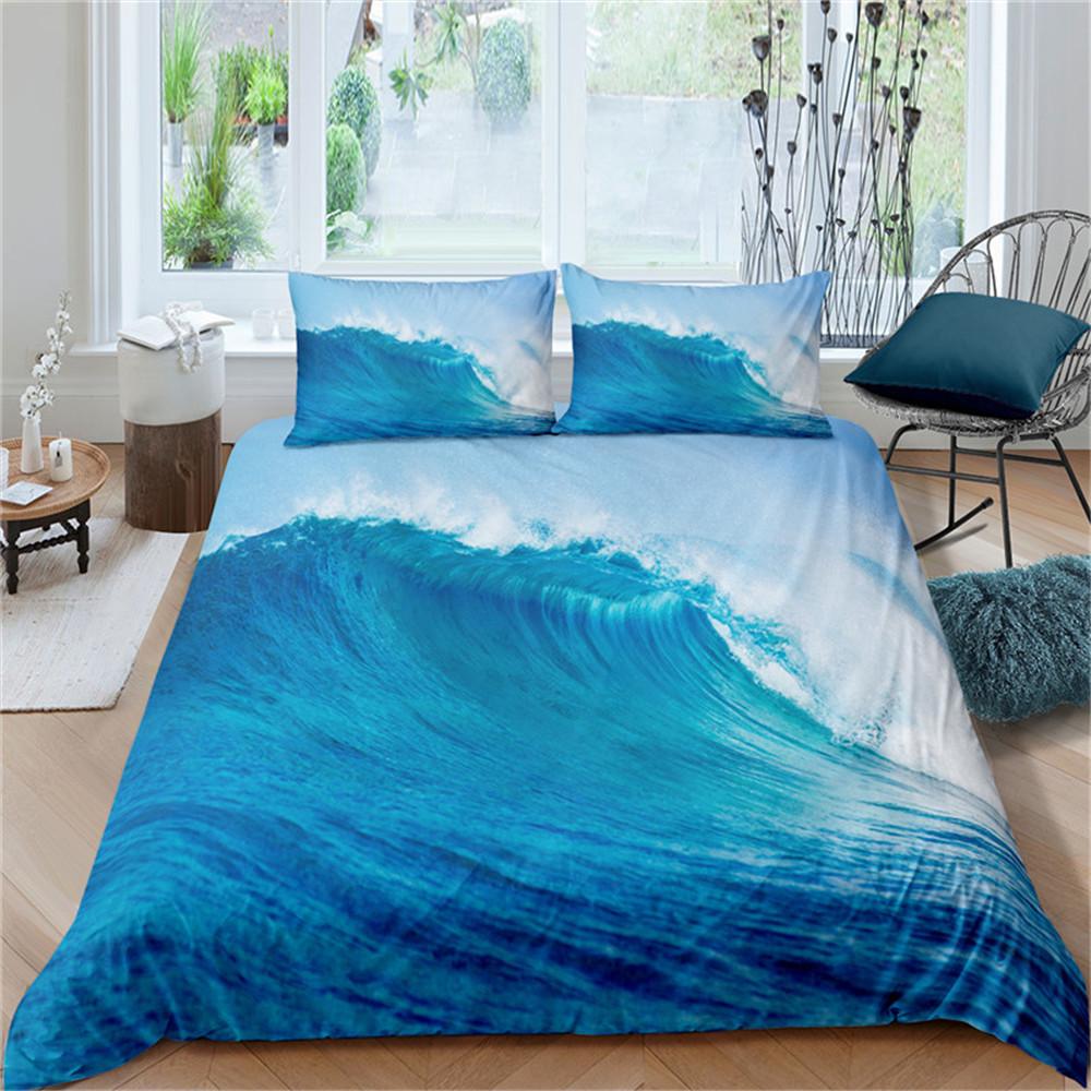 Meereswellen-Bettbezug, Kingsize/Queensize, 3D-Bettwäscheset mit blauen Gischtwellen für Kinder und Teenager, azurblauer Meerwasser-Bettbezug, weicher Bettbezug