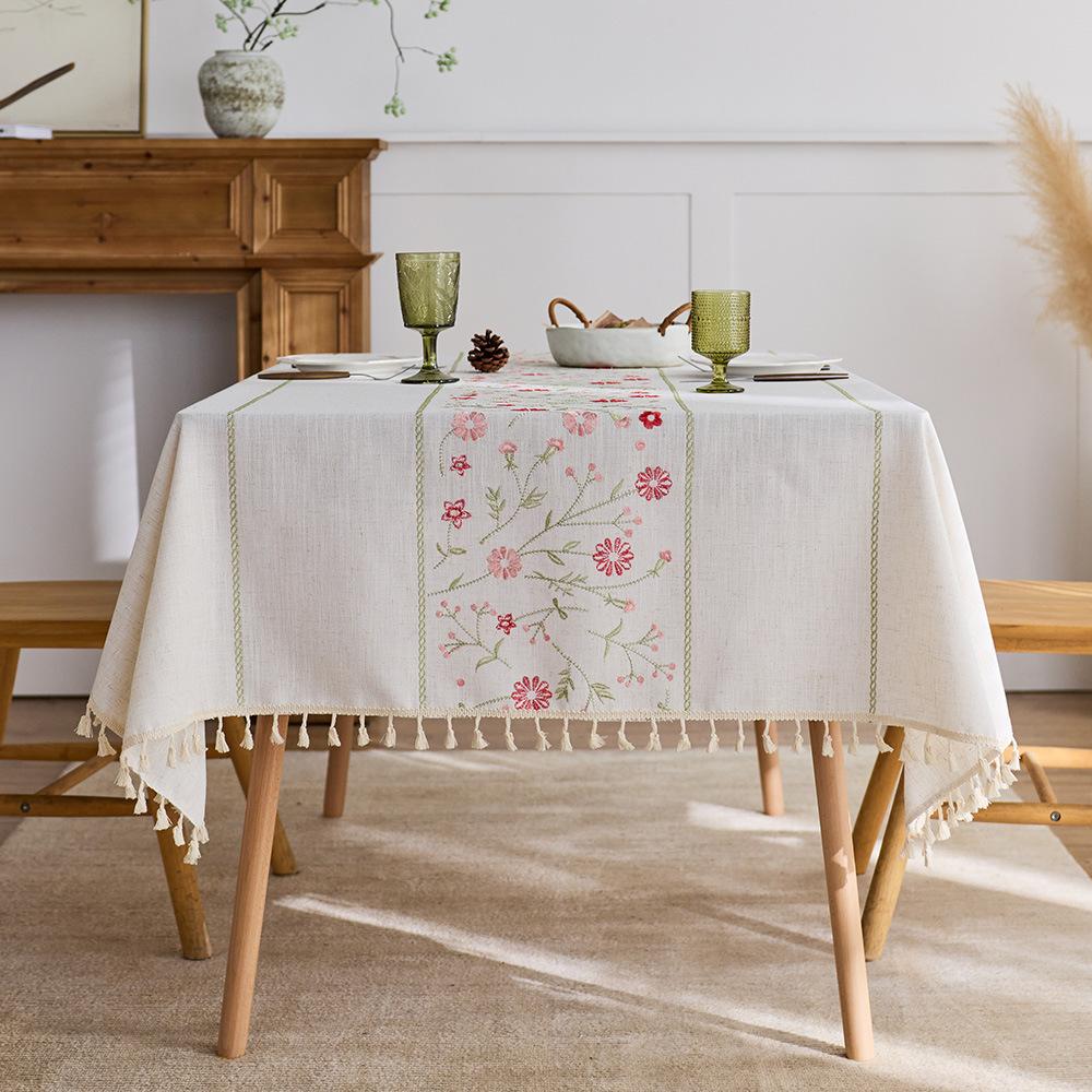 Embroidered cotton and linen style tablecloth French style fabric dining table cloth literary small fresh fringed coffee table cloth tablecloth
