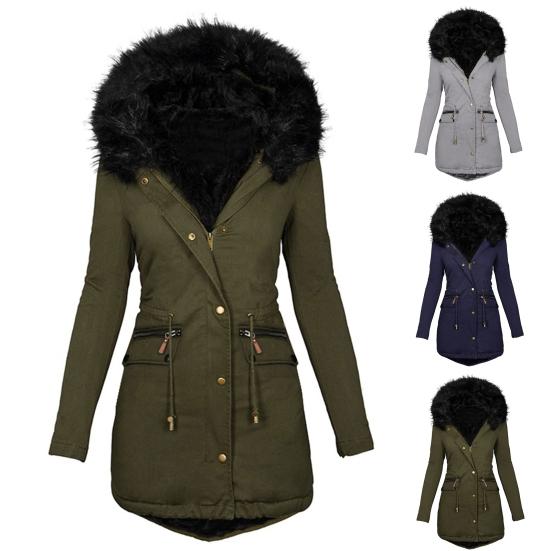 Damen Winter Langarm Kunstfell Kapuze Mittellang Warmer Mantel Parka Schnee Oberbekleidung