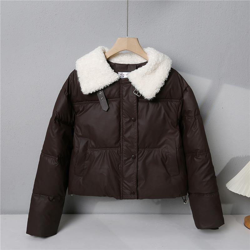 Lamb Wool Leave-in Pu Leather Down Cotton Clothes Women's Short Winter Thickened Stand-up Collar Bread Clothes Small Fur Collar Jacket