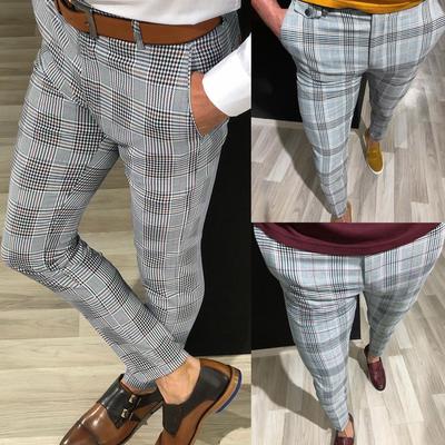 Ramidos Fashion Men Casual Plaid Print Drawstring Elastic Waist Long Pants Trousers