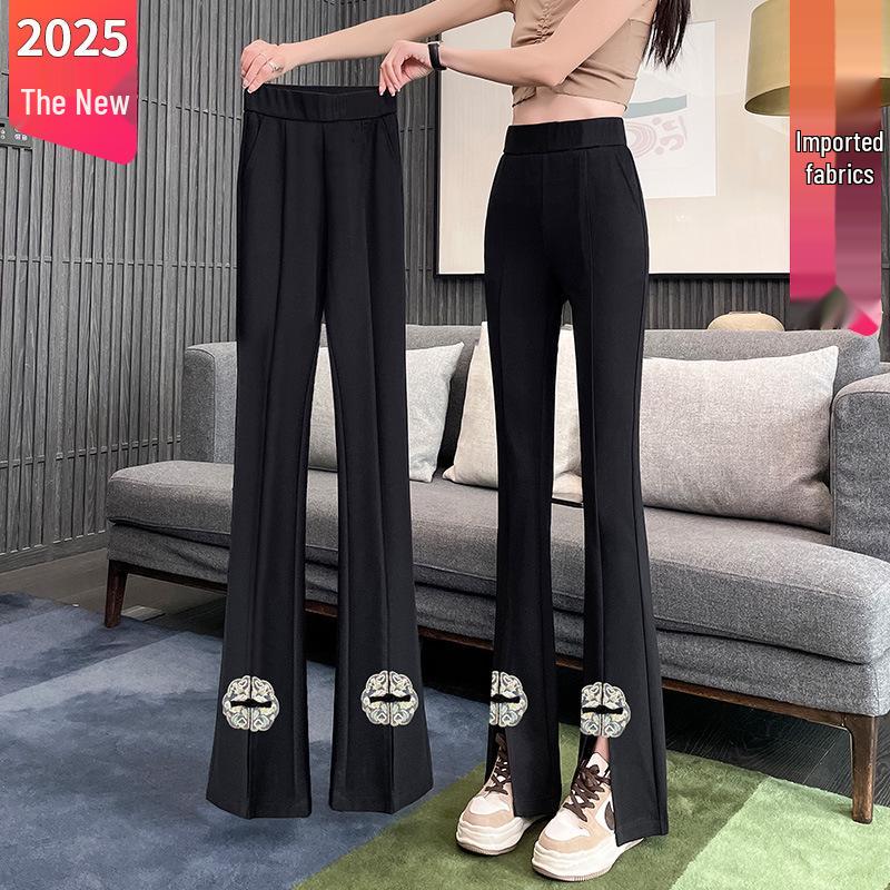 

Women s High-Waist Black Slit Flare Pants - Slimming & Draping Fit for Spring/Autumn 2025 4XL