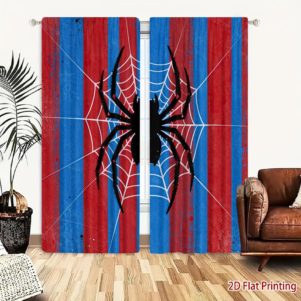 2PCS Halloween Curtains, Red Blue Stripe Spider, Digital Print, Bedroom Living Room, Office, Kitchen, Window Treatment