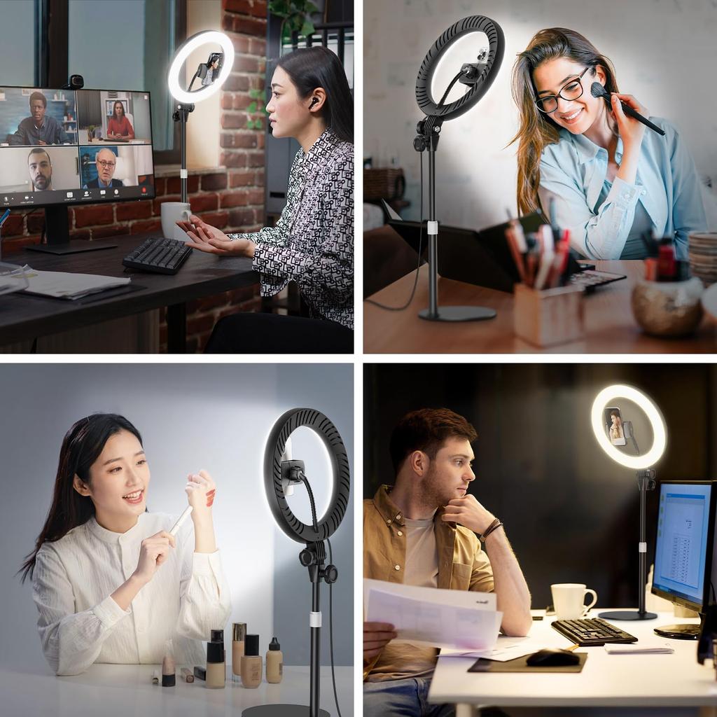 Ring Light with Tabletop Adjustable 3 Color 10 Dimming 1500 USB for and Online Classes Stand, Height, Modes, Levels, Lumens, Powered, Lighting,