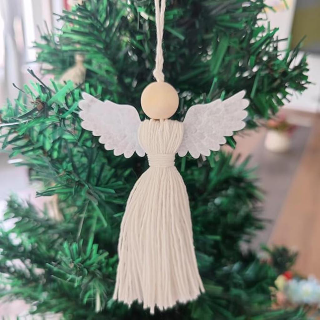 Set of 6 Angel Shape Hand Woven Pendant with Natural Wood Bead for Christmas Tree Party Hanging Ornament Home Decor Supplies