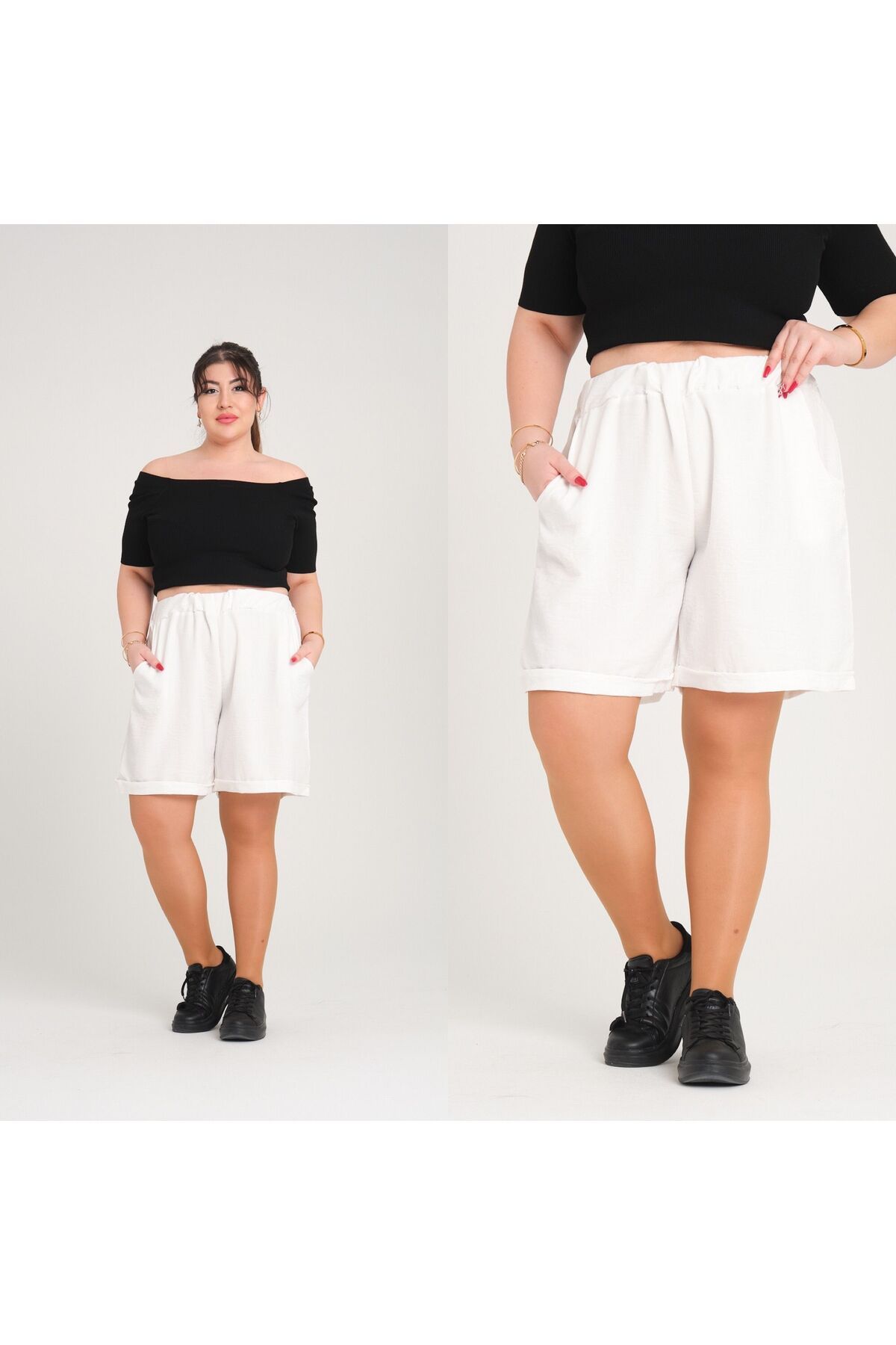 

Women s Fashion Big Size Shorts & Bermudas Elastic Linen Shorts 3XL