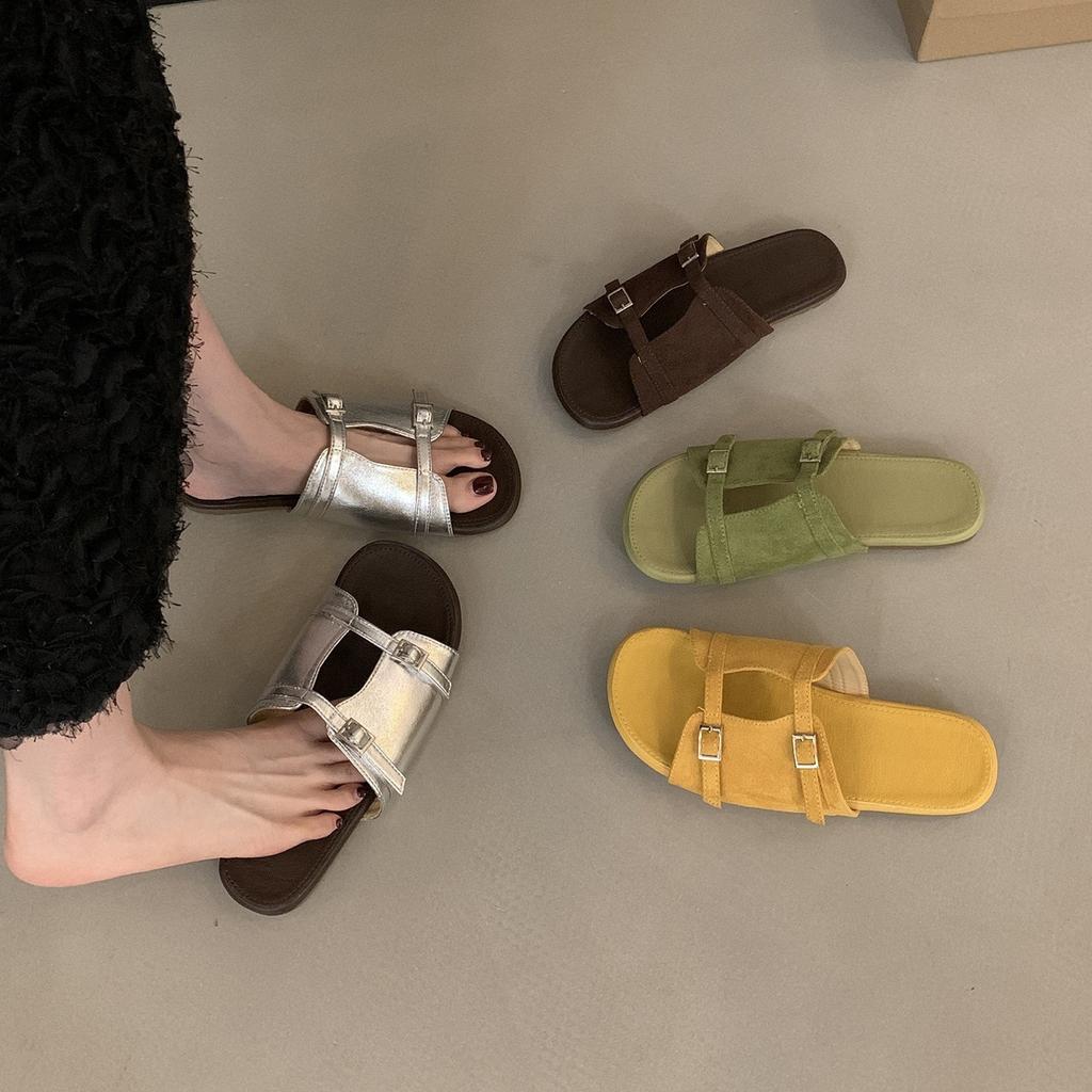 Flat-bottomed silver slippers women's shoes wear 2025 new summer retro sandals seaside sandals