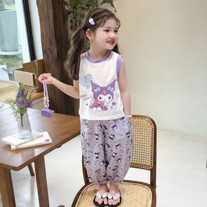 Girls Sleeveless Vest and Cartoon Print Pants 2 Piece Summer Outfit 90
