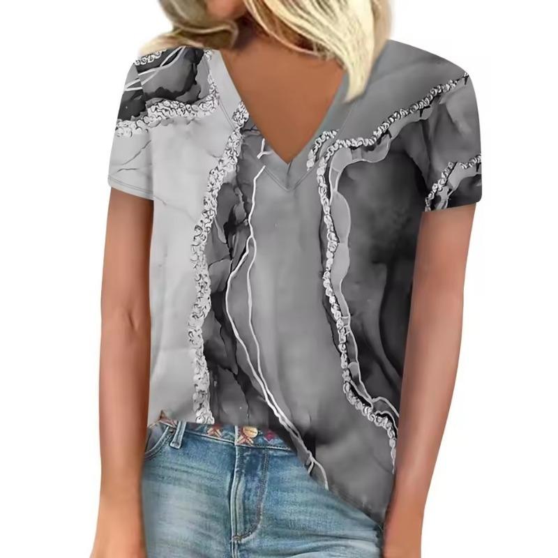 3D T-shirt Women's Summer Leisure Elegant V-neck Short Sleeves Gradient Texture Pattern Top Loose Casual Wear Ladies T-shirt