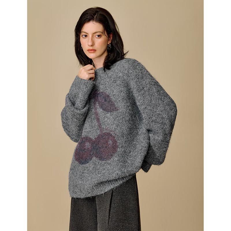 INMAN Women's 2025 Winter Cherry Jacquard Crew Neck Sweater