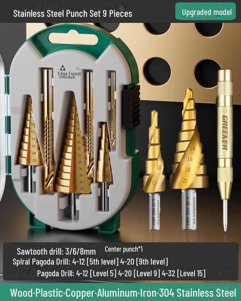 Green Forest Sawtooth Pagoda Drill Bit Set for Wood & Metal