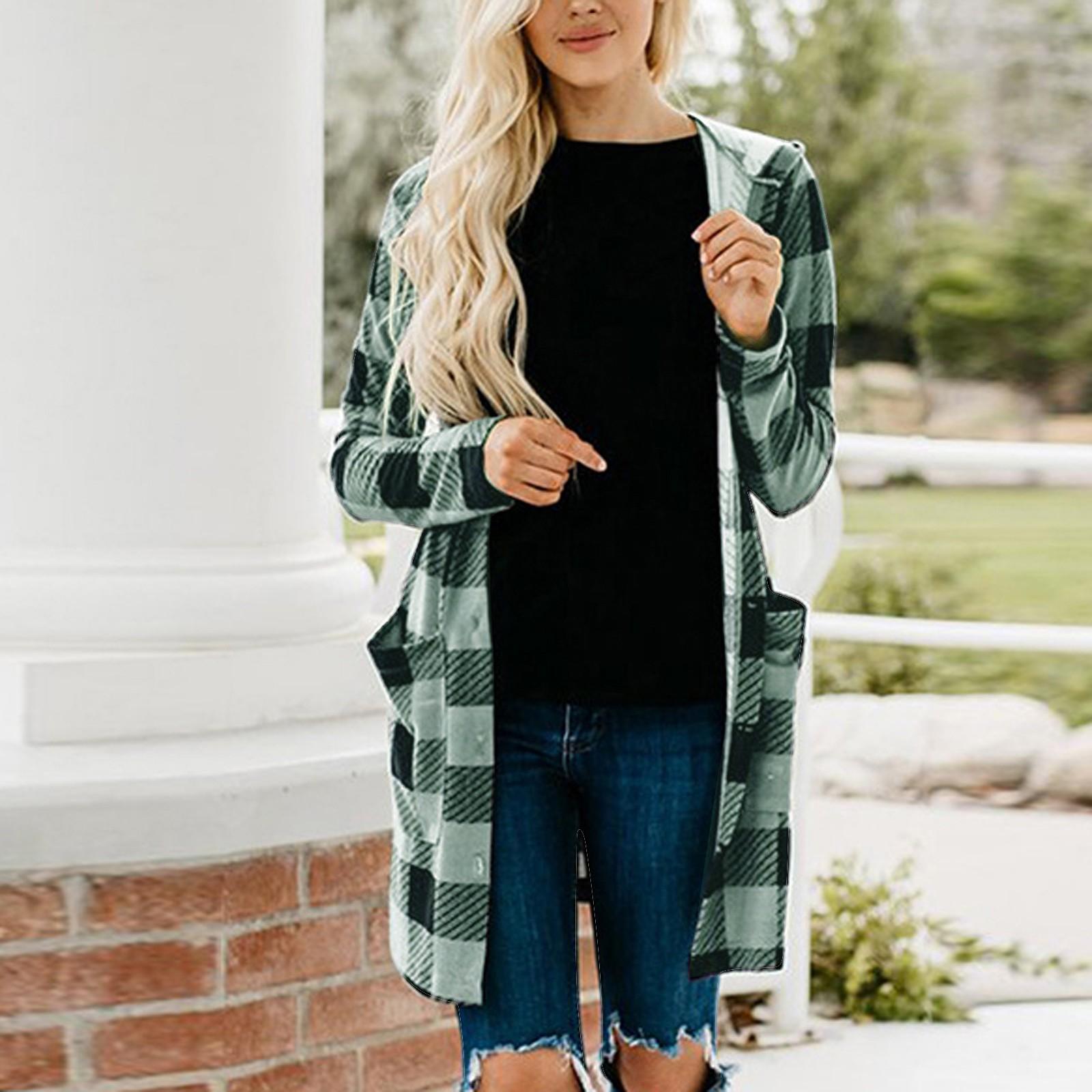 

Fashion Women Casual Pockets Lattice Printed Long Sleeve Tops Jacket Coat L чорний