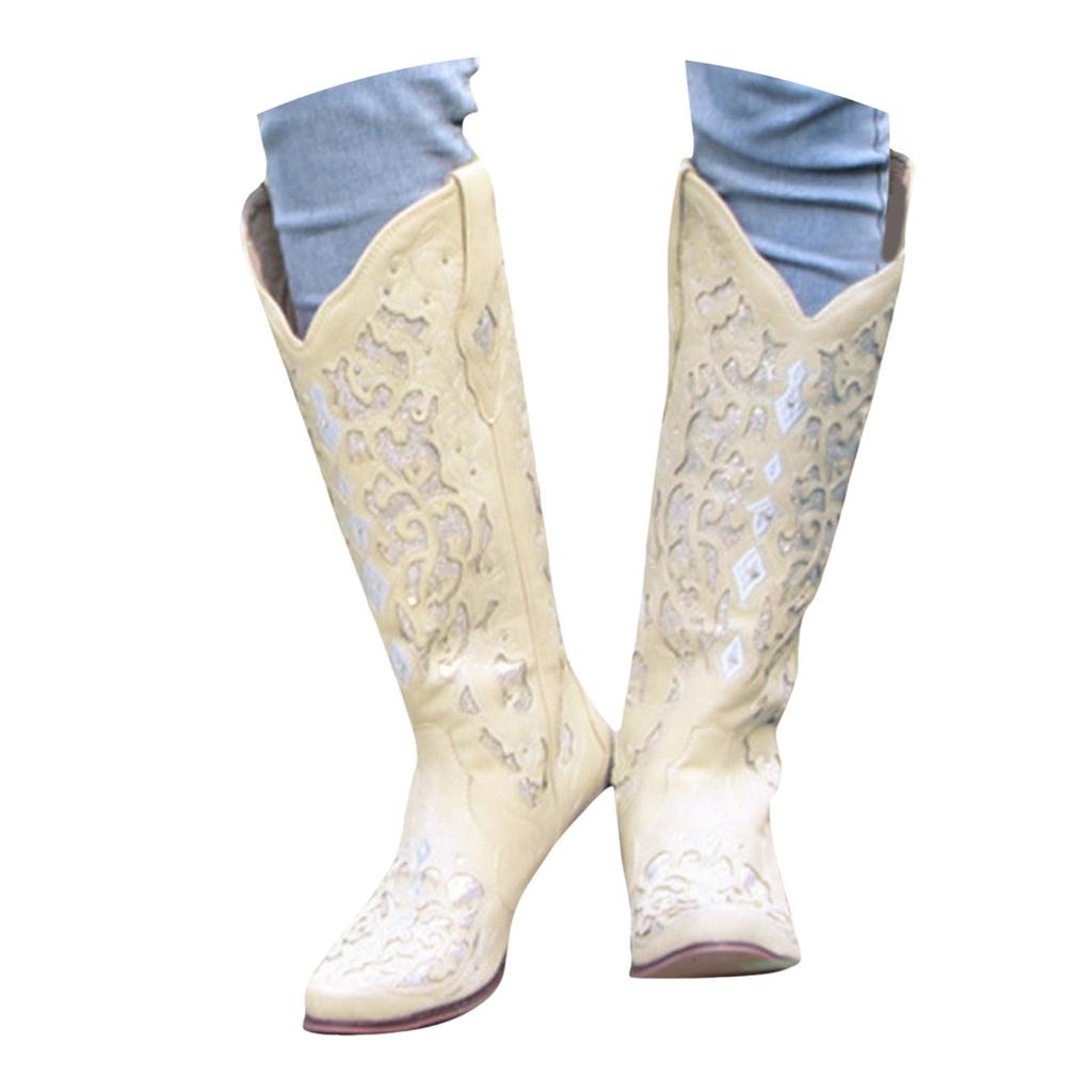 For Women Low Western Rhinestone Heel Boots High Rodeo Knee Studded Extra Wide Calf Boots for Women plus Size Leather