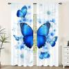 2Pc Contemporary Polyester Window Curtain With Blue Butterflies Floral Print Machine Washable For Bedroom Living Room Dining