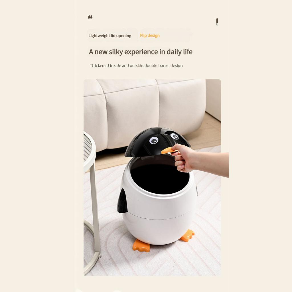 Cartoon Penguin Shape Trash Can With Flip Lid ABS and PP Waste Bin for Home Kitchen Bathroom Office Decoration