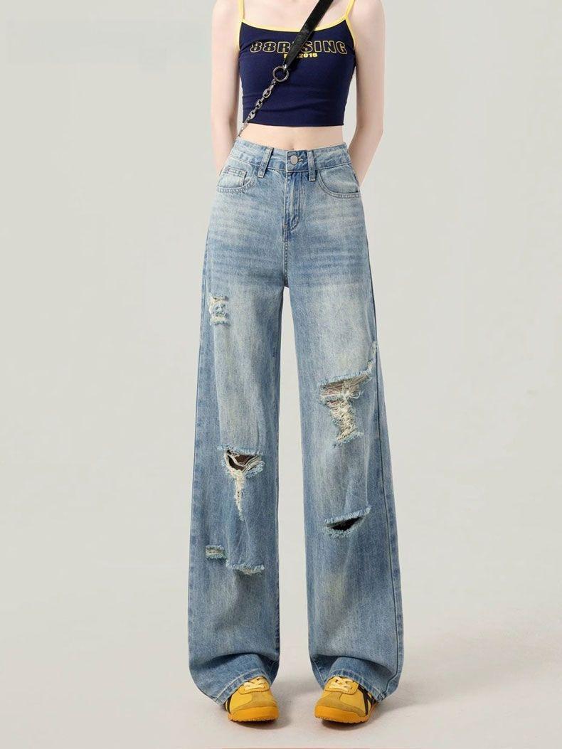 

Синие рваные тонкие джинсы женские с высокой посадкой, узкие прямые брюки, волочащиеся по полу, широкие штанины, подчеркивающие ноги, длинные брюки, длинные джинсовые брюки 4XL