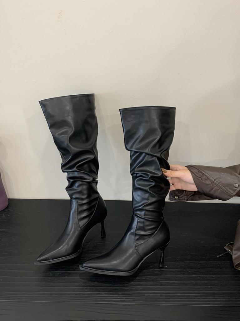 2025 Maillard brown boots women's but knee pointed boots thick heel thin pleated pile boots