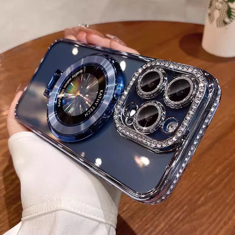 Magnetic Rhinestone Bracket for iPhone 13/14 Pro Max with Electroplated Glitter Lens Film