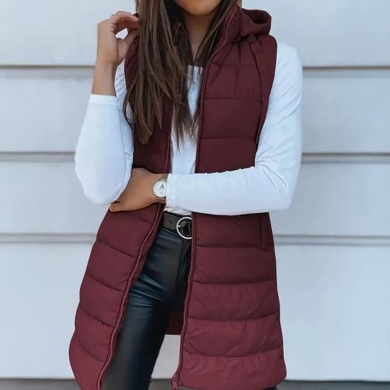 Dame Puffer Vest Casual Glidelås Quiltet Vattert Vest Hette Ermeløs Dunjakke Vinter Varm Overbekledning Kåpe