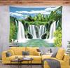 Tranquil Waterfall Tapestry, Peaceful Green Mountains, Waterfalls And Cranes By The Lake With Clear Sky Print Wall Hanging For