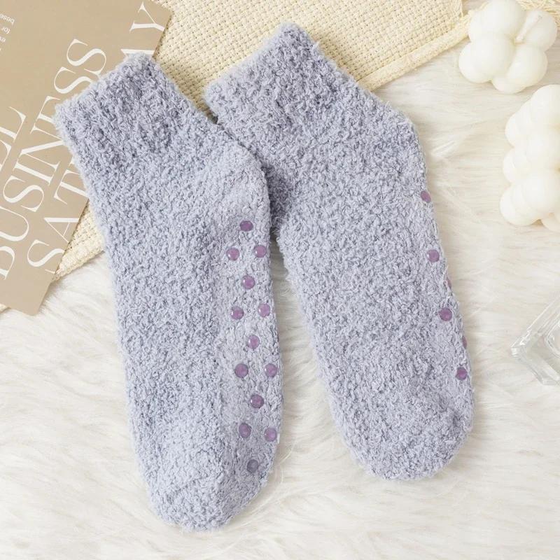 Autumn Winter Non-Slip Coral Floor Socks Women Thick Warm Thermal Home Carpet Sleep Slippers Socks Solid Color Casual Short Sock