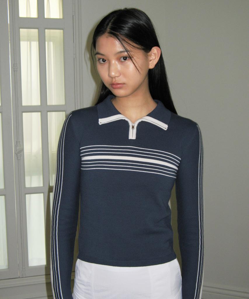 SINOON Line Half Zip-Up Knit Top (Navy)
