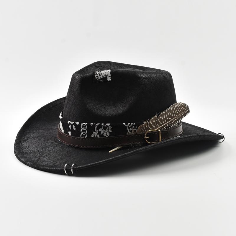 Vintage Faux Leather Western Cowboy Hat for Men Handmade Gentleman Jazz Hats Panama Cowgirl Hat Sombrero Hombre
