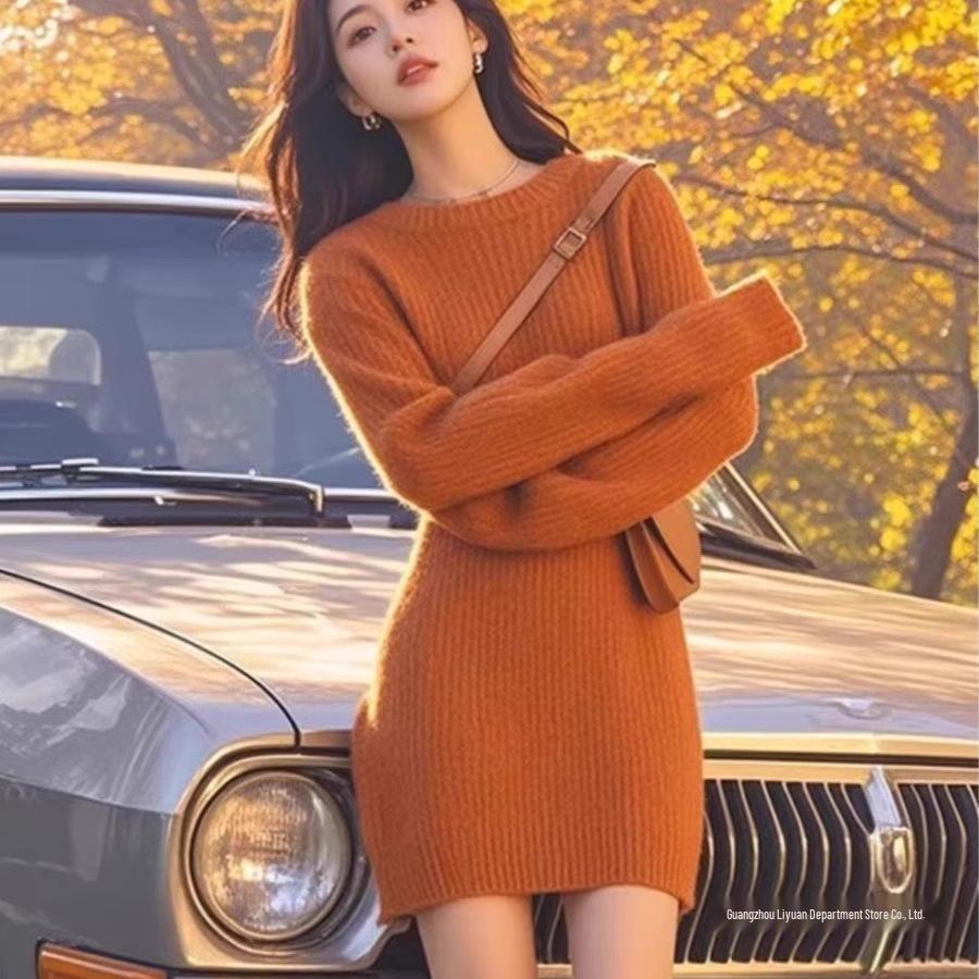 Elegant Mid-Length Knitted Wool Dress: Slim-Fitting, Figure-Flattering, Perfect for Autumn & Winter
