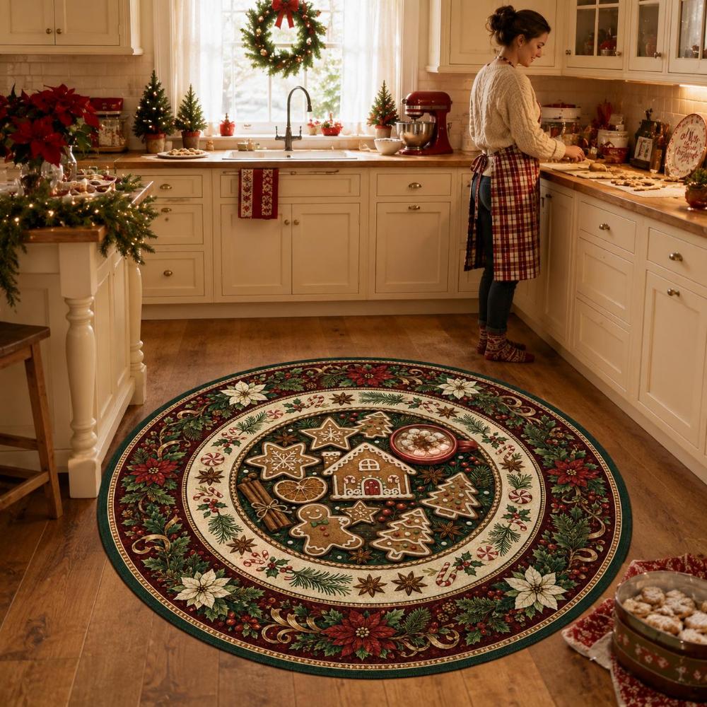 Gingerbread Man Christmas Round Rug Poinsettia Border Circular Kitchen Floor Mat Holiday Party Welcome Carpet Area Rug