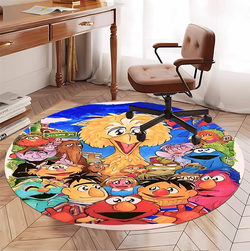 Sesame Street Pattern Round Rug, Indoor/Outdoor Mat, for Picnic, Gameroom, Bedroom, Office, Living Room, Home Decor Carpet, Birthday Gift