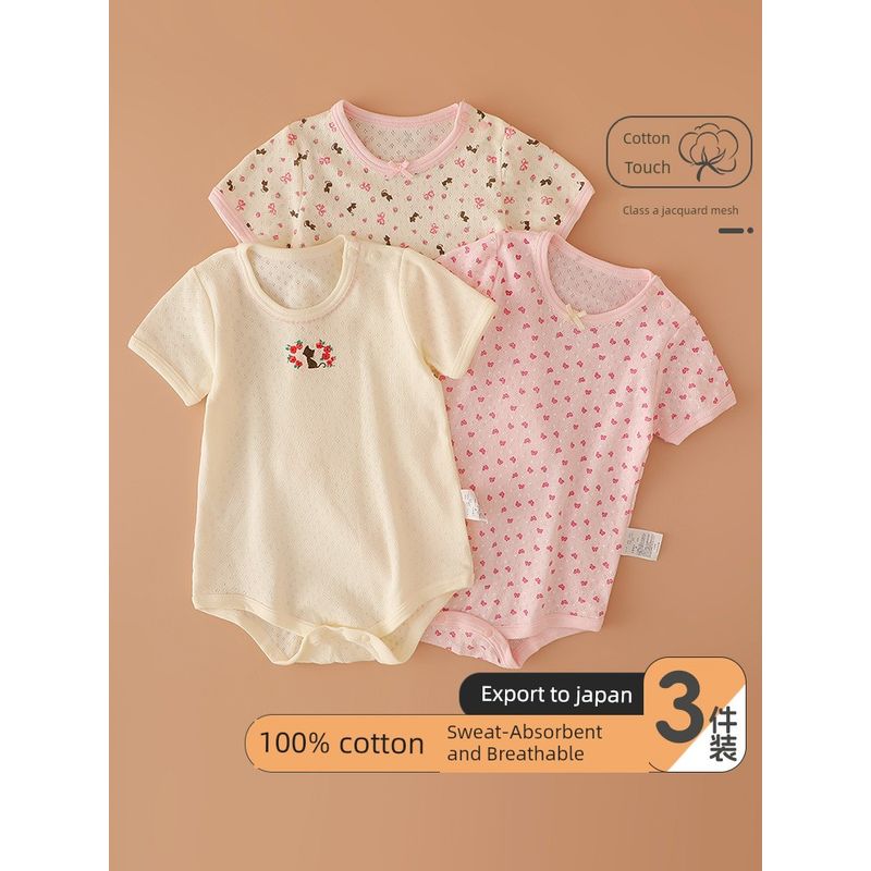 Japanese-Style Baby Romper, Pure Cotton, Thin, Breathable Mesh, Short-Sleeve Jumpsuit for Baby Girls, Summer