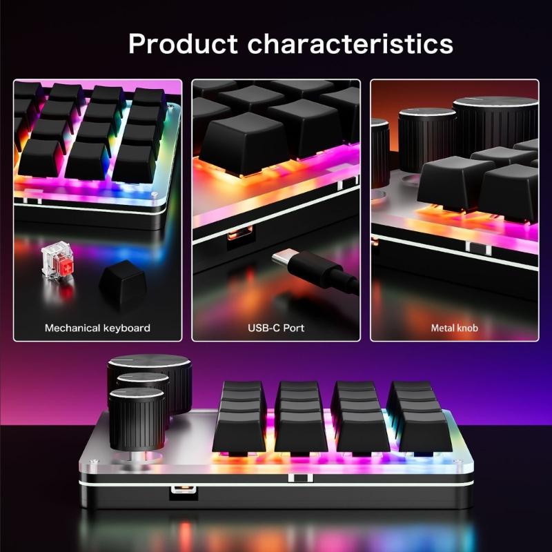 USB C Macro Keypad with 16-Key and 3 Knobs Programmable  Mechanical Gaming Keyboard for Efficiency Gaming and Office