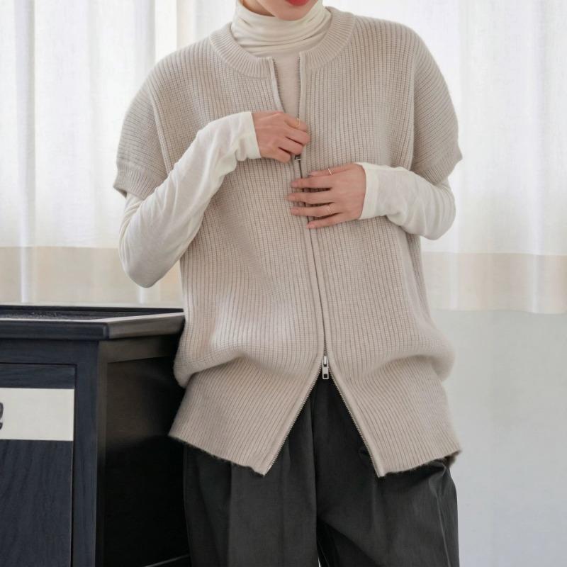Western Style Double Zipper Knit Vest Women Loose Elegant Cardigan