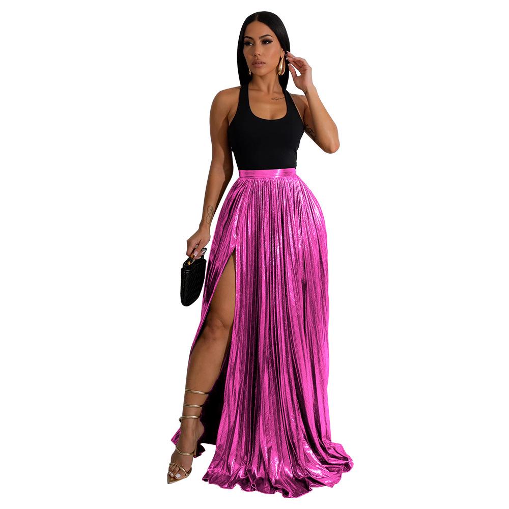 

European & American Style High Waist Solid Color Pleated Midi Skirt with Slit for Women L рожевий червоний колір