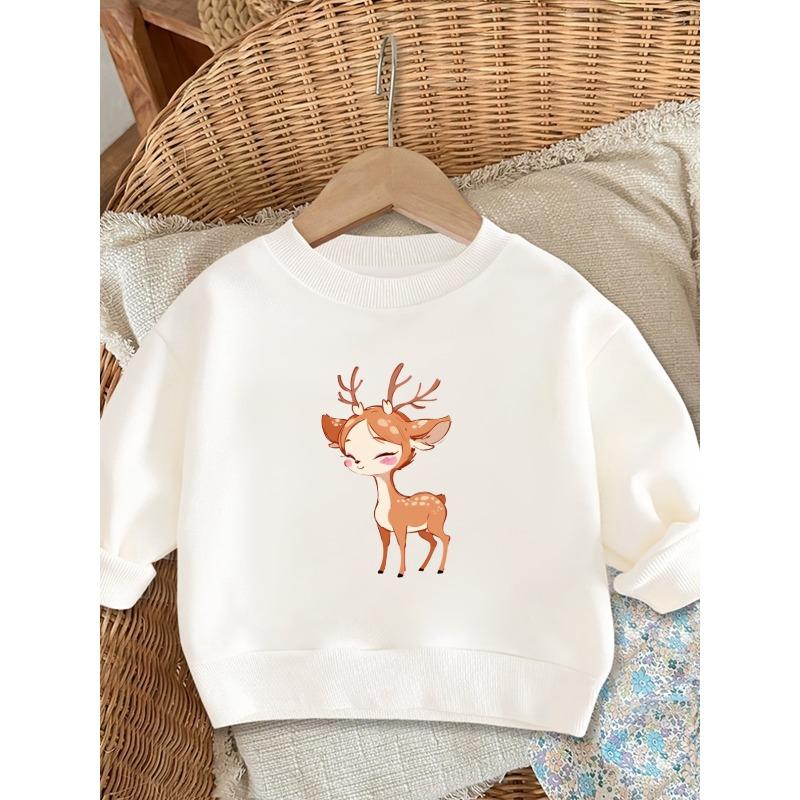 Kids Lightweight Crewneck Pullover Sweatshirt, Cartoon Deer Graphic Print 110