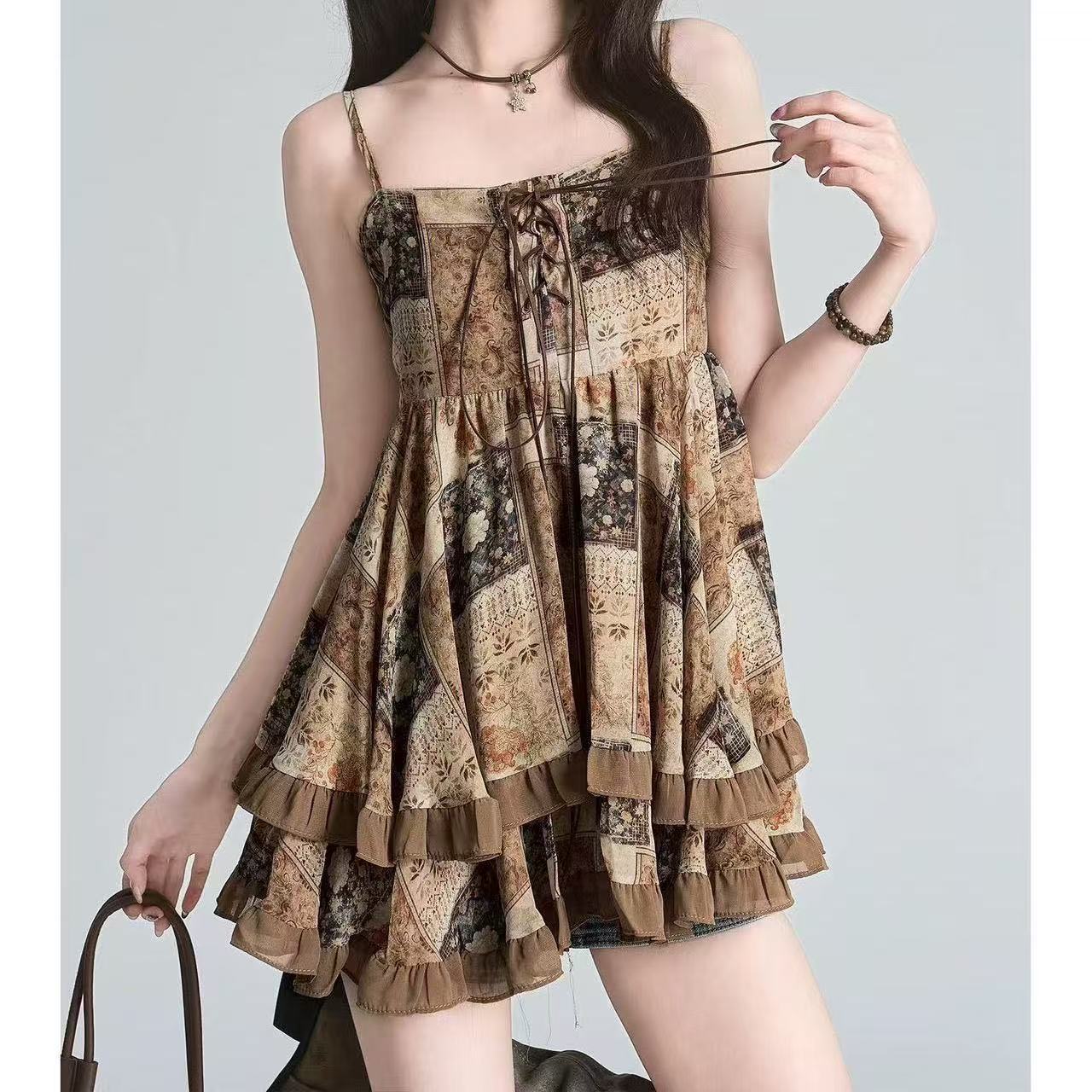 French retro lace-up sleeveless vest suspender skirt women s summer new printed short skirt women S