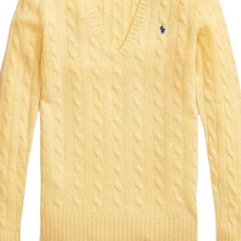 Maglione da donna Polo Ralph Lauren a tinta unita con scollo a V, taglio dritto e maniche lunghe, colore Giallo Chiaro 211910422-008
