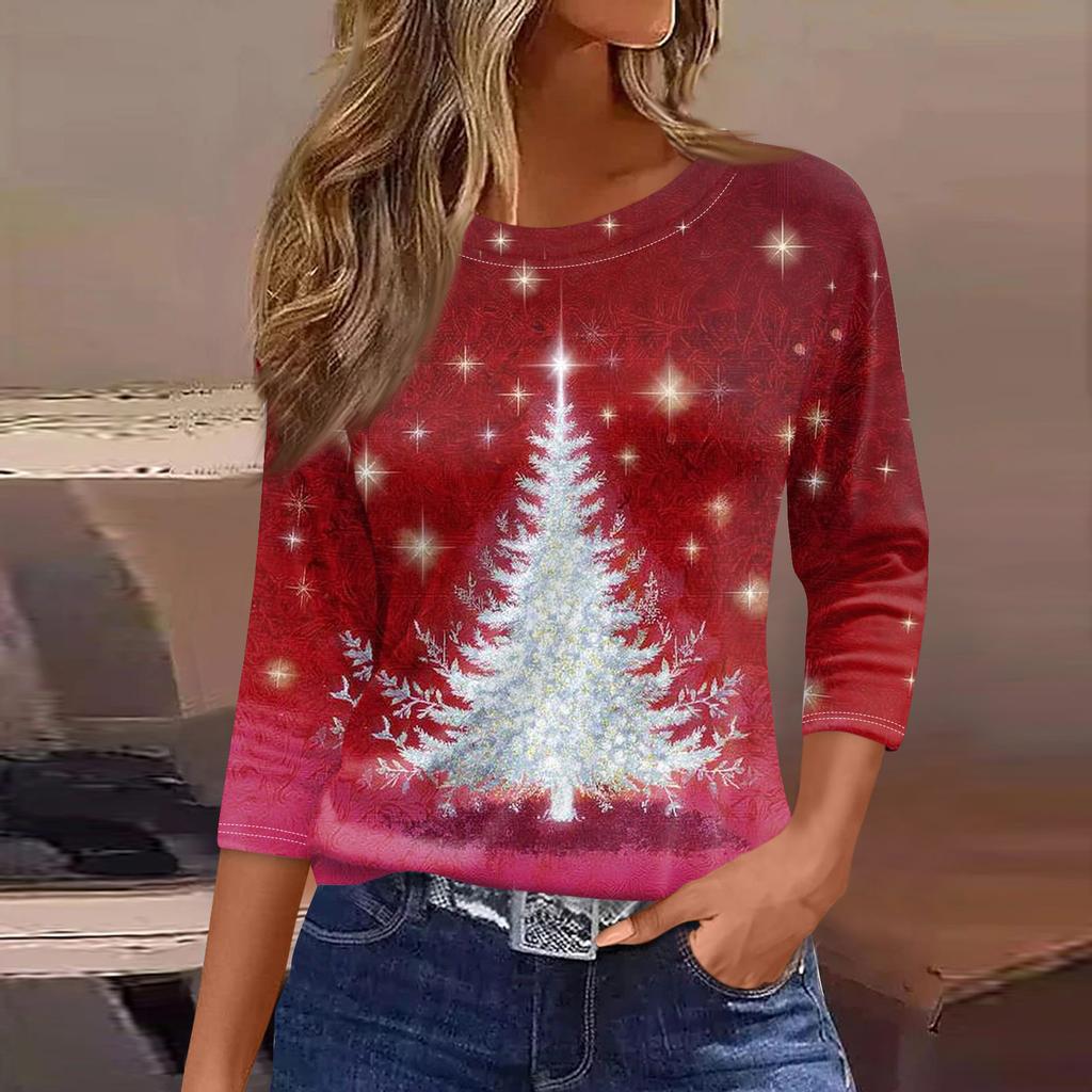 Women's Fashionable Casual Three Quarter Sleeve Christmas Printed Round Neck Top