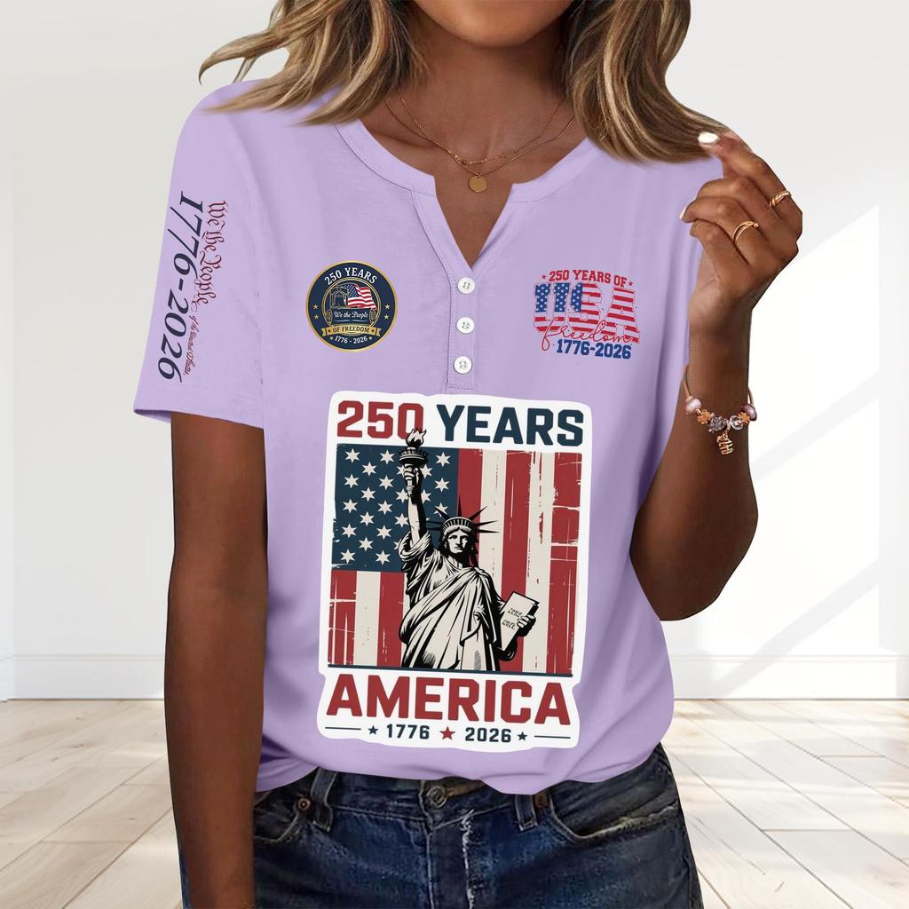 Women's Fashion Casual 250th Anniversary Independence Day Print V-Neck Short Sleeve Decorated Button-Up T-Shirt