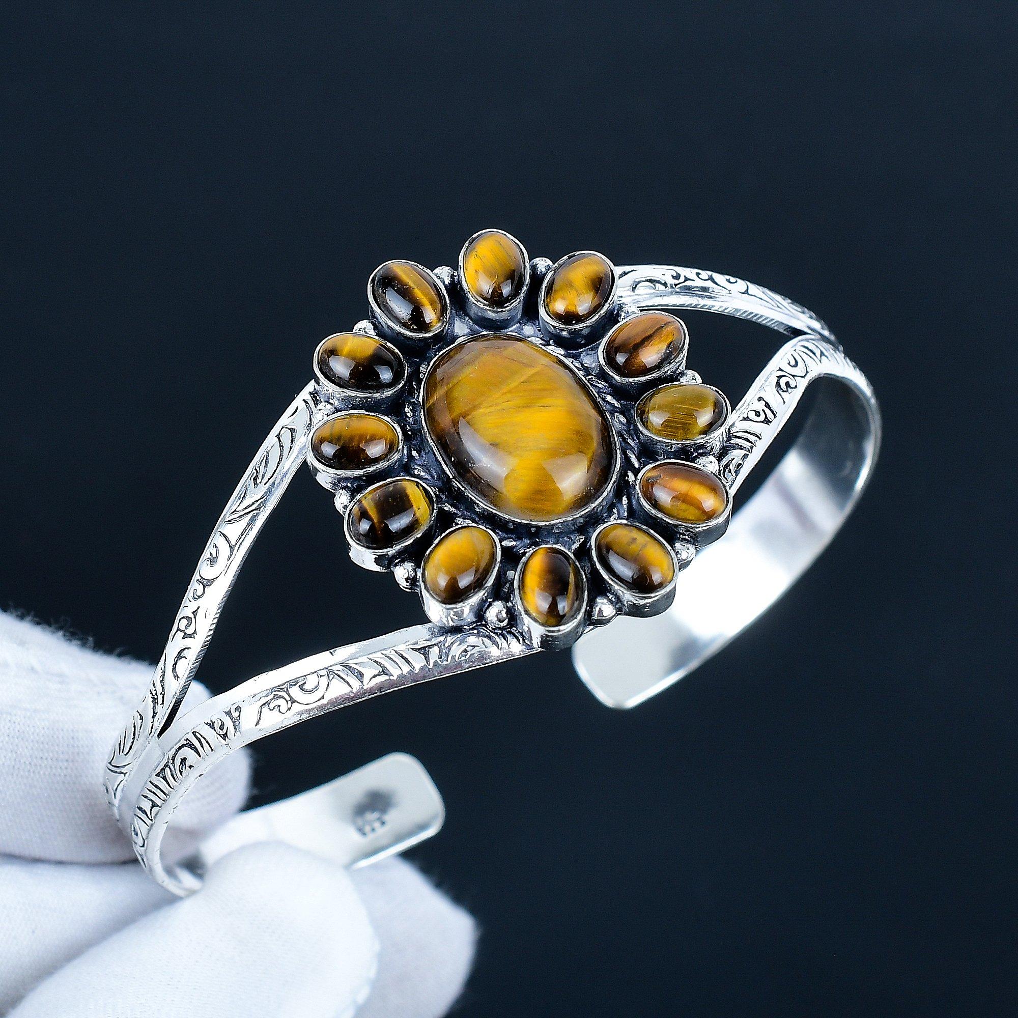 

Natural Tiger Eye Gemstone Handmade Cuff Bangle 925 Sterling Silver Cuff Bangle, Tiger Eye Flower Shape Bracelet For Wife, Unisex Bangle For Gift 7 коричневый