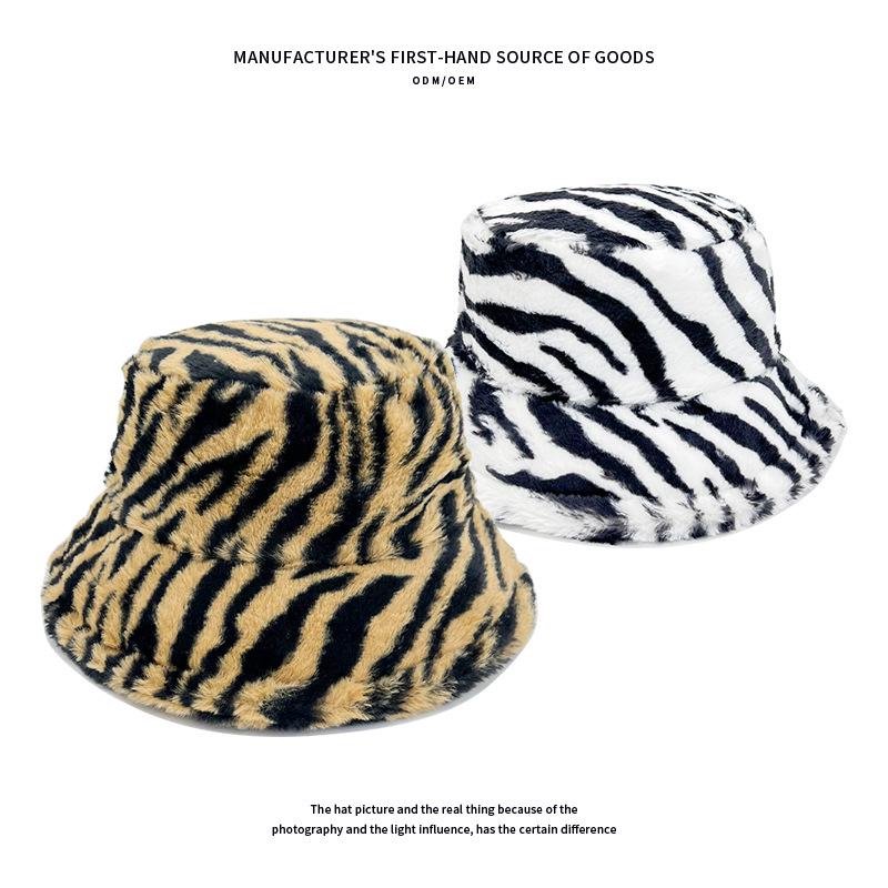2023 Autumn/Winter Tiger Stripe Faux Rabbit Fur Bucket Hat - Women's Plush Basin Hat & Men's Fashionable Warm Hat