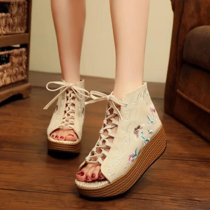 Fashion 2025 New National Style Embroidery Shoes High Heel Fish Mouth Thick Platform Muffin With Cloth Retro Women's Shoes Sandals