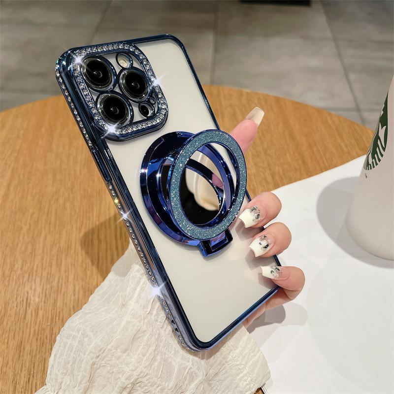 Applicable To iPhone17ProMax Electroplated Rhinestone Mobile Phone Case Apple 16Pro Mirror 15 Magnetic Suction Bracket 14 Sets