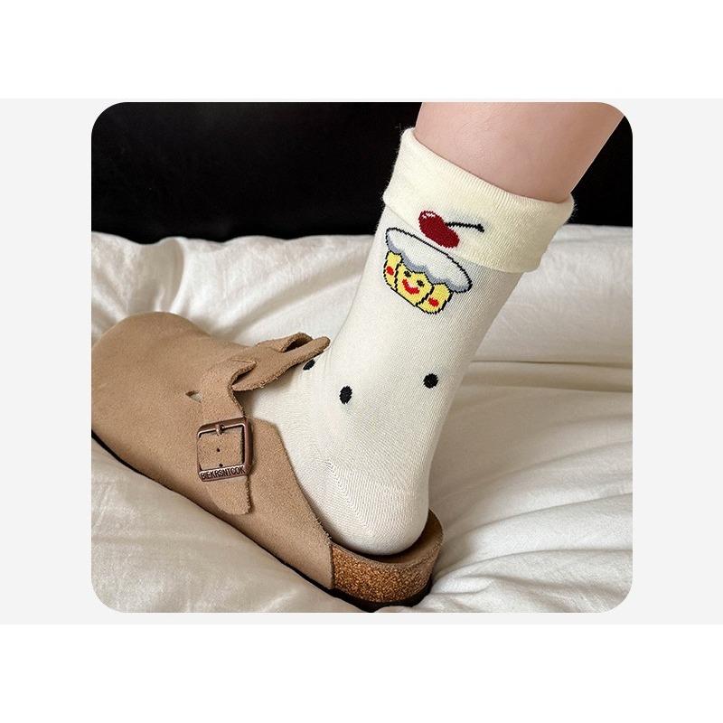 Autumn Cute Cartoon Pattern Socks, Flanged Mid-calf Socks, School-style Versatile Cotton Socks